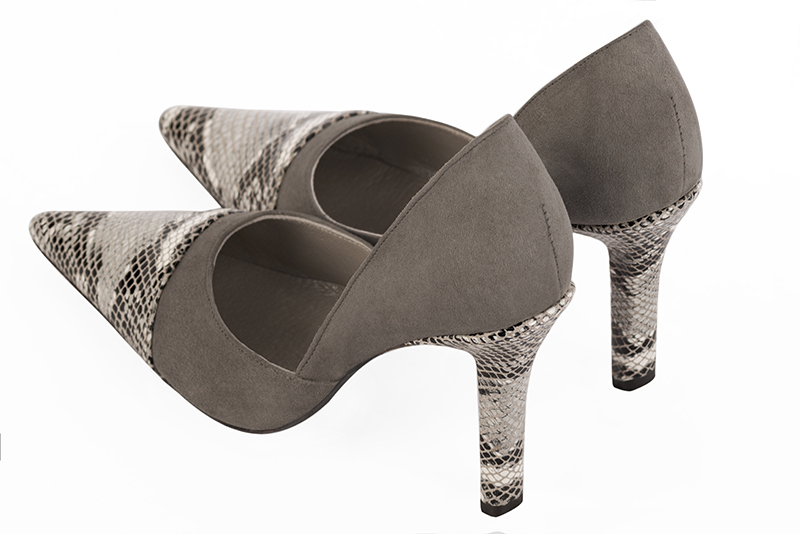 Natural beige and taupe brown women's open arch dress pumps. Pointed toe. Very high slim heel. Rear view - Florence KOOIJMAN